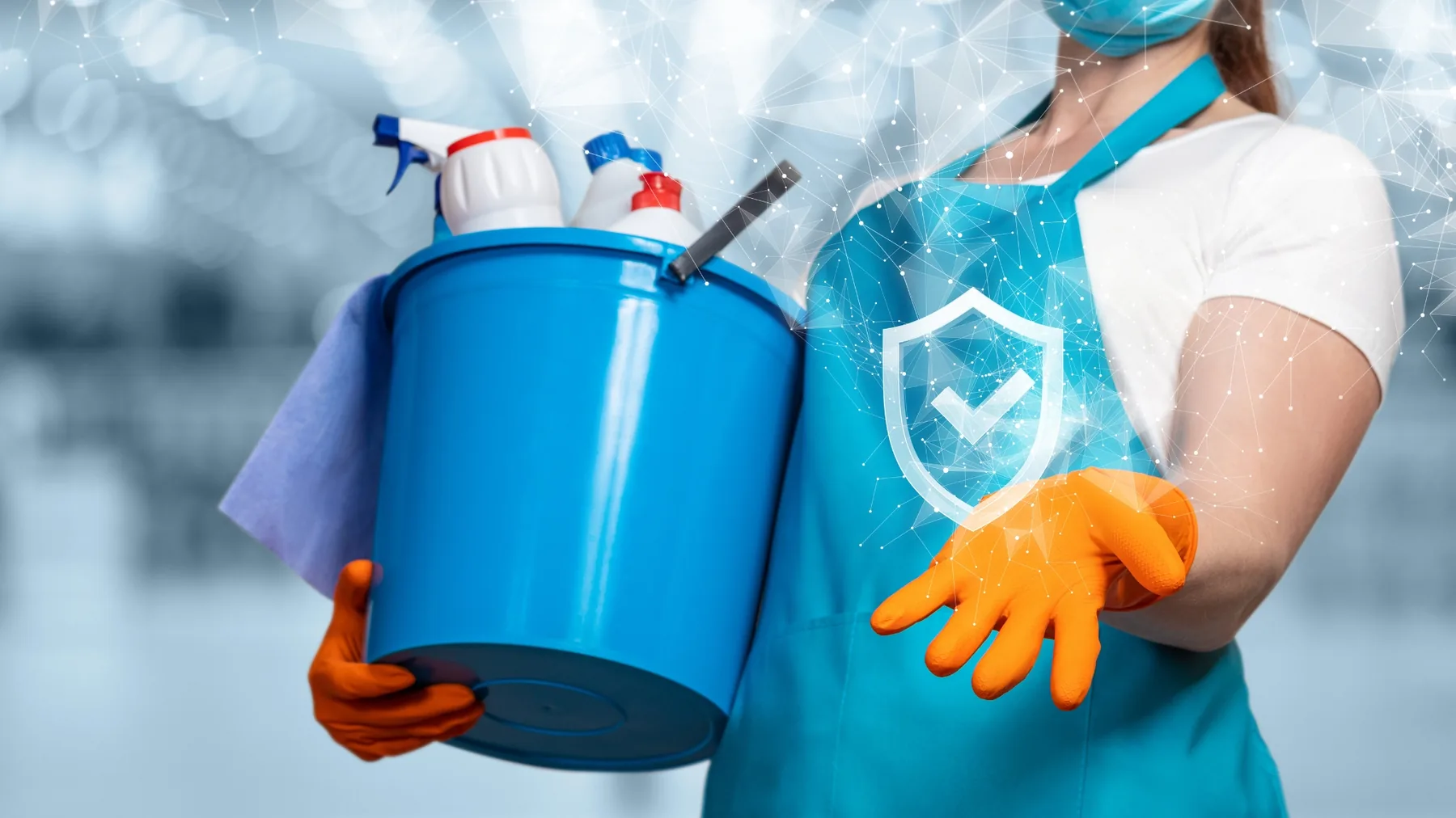 Reinigungsfachkraft von Aktiv Clean mit Ausrüstung